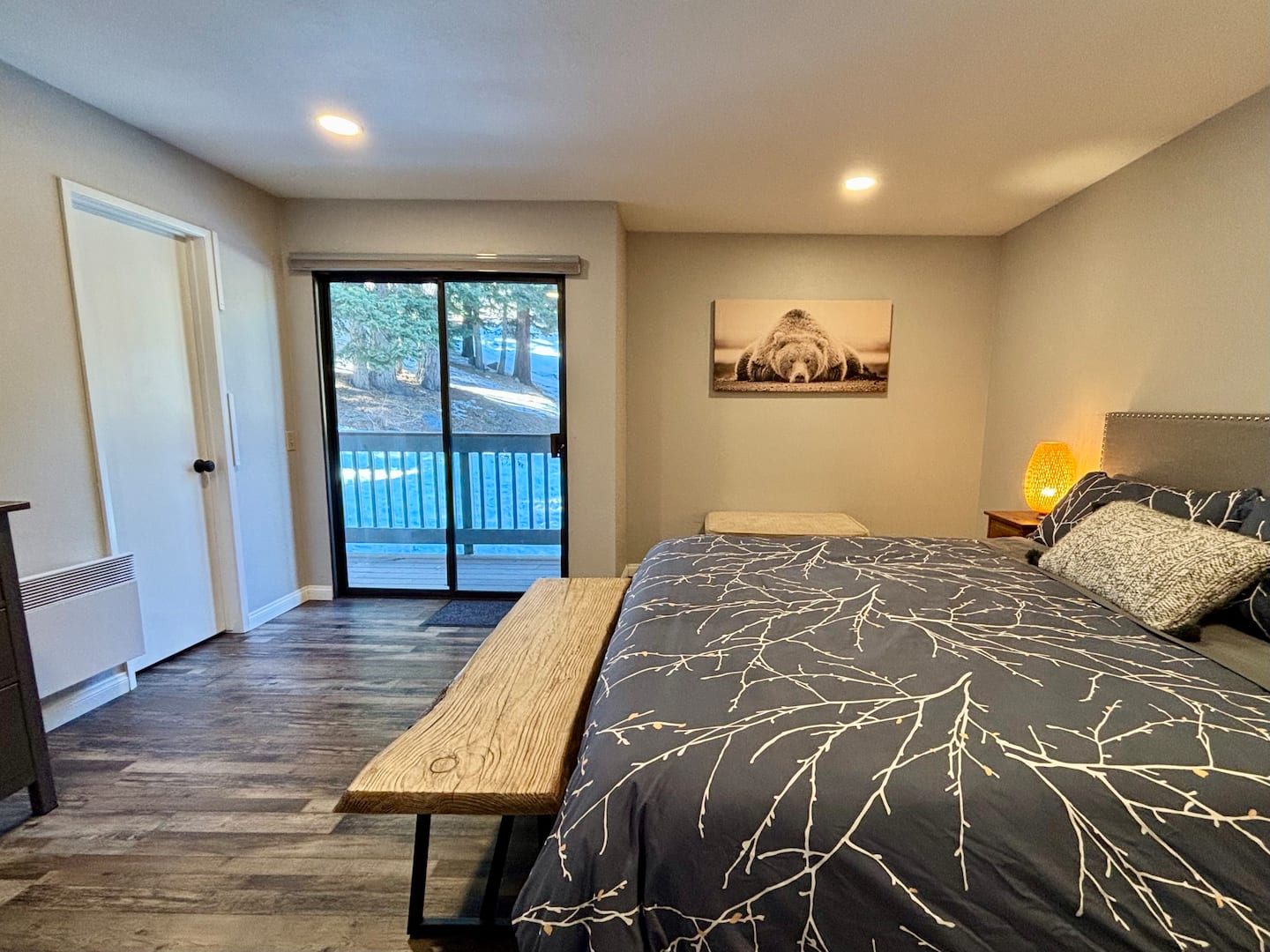 Second bedroom with queen bed and twin bunks