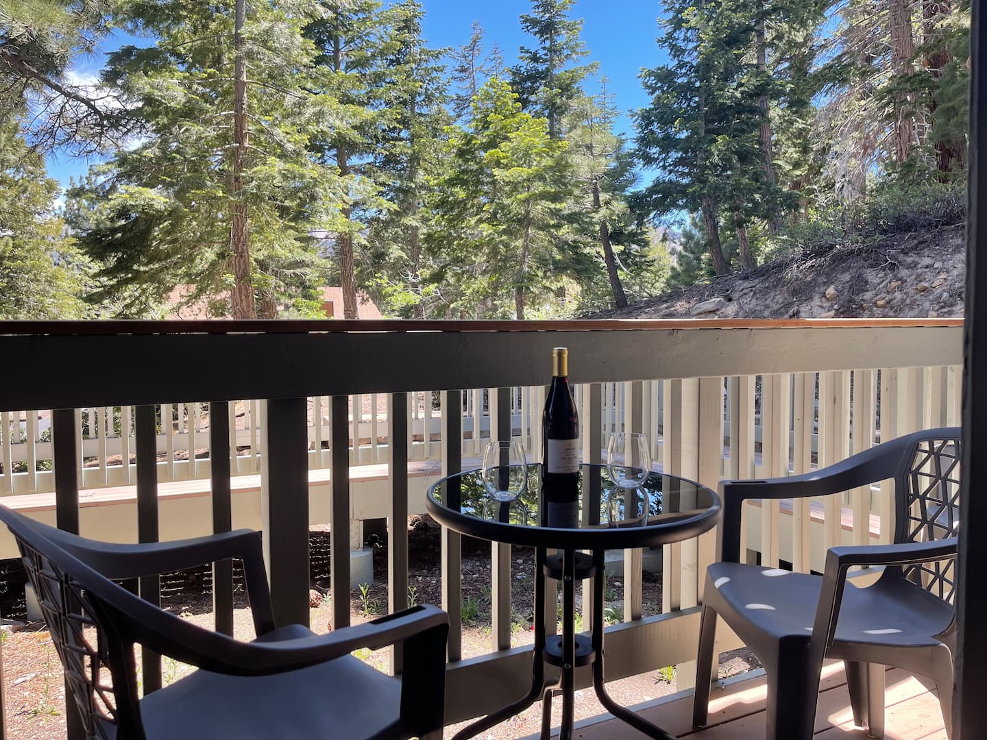 Private deck with forest views at Mammoth Lakes condo