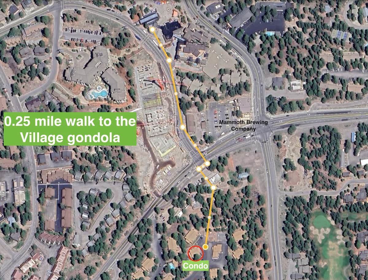 Map showing quarter mile walk to Village gondola